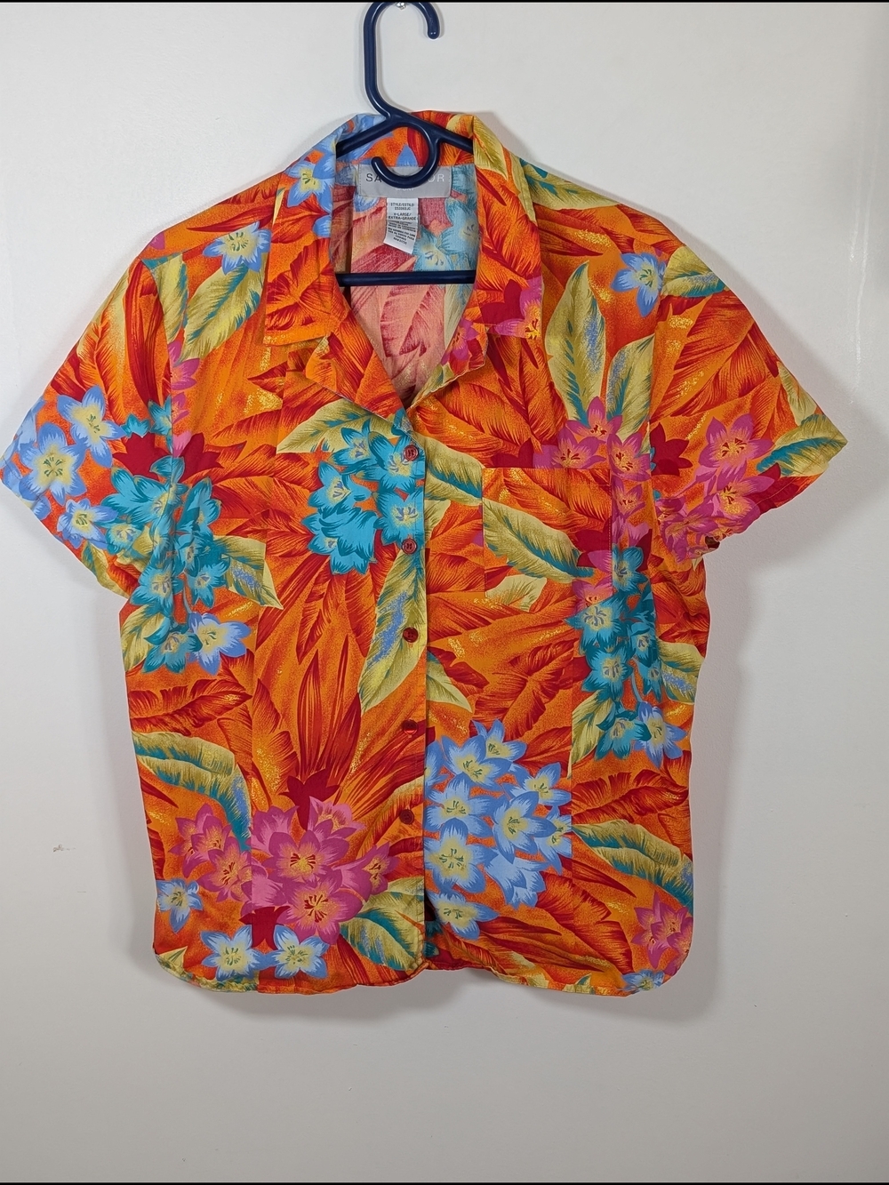 Sag Harbor Sport Tropical Floral Orange Woven Collared Short Sleeve Button-Up XL